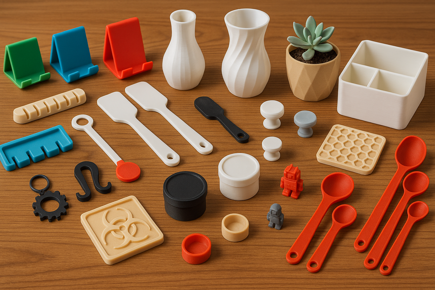 a common selection 3d printed items for around the home laid out on a nice table so they are easy to see